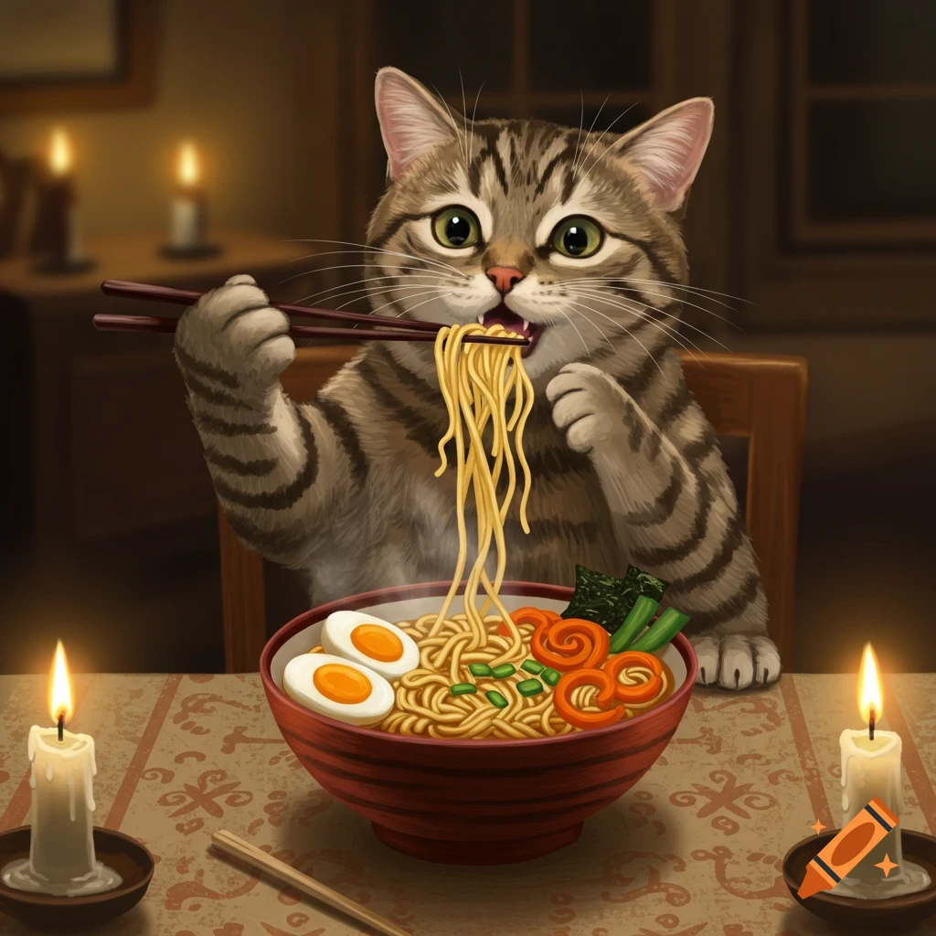 A tabby cat sits at a table, holding chopsticks to its mouth, eating a bowl of ramen with eggs and vegetables, lit by candles.