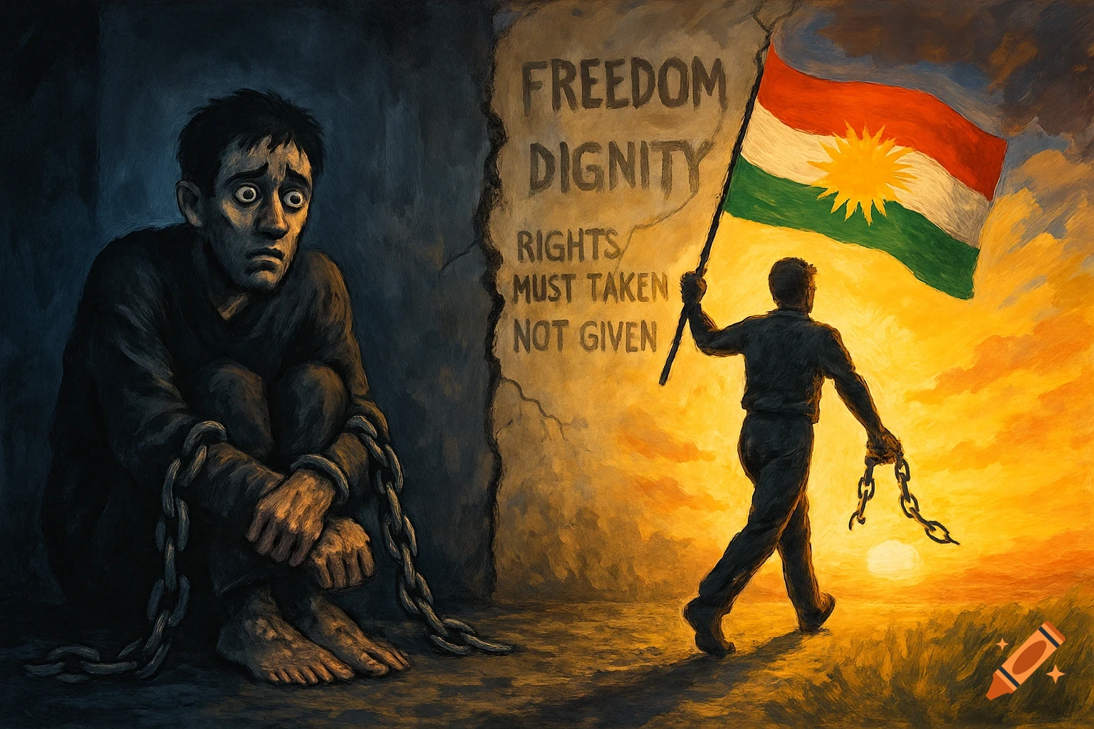 A man in chains on the left looks fearful, while a silhouetted man on the right walks toward a sunrise, holding a Kurdish flag and broken chains. Text on a cracked wall reads "FREEDOM DIGNITY RIGHTS/ MUST TAKEN NOT GIVEN".