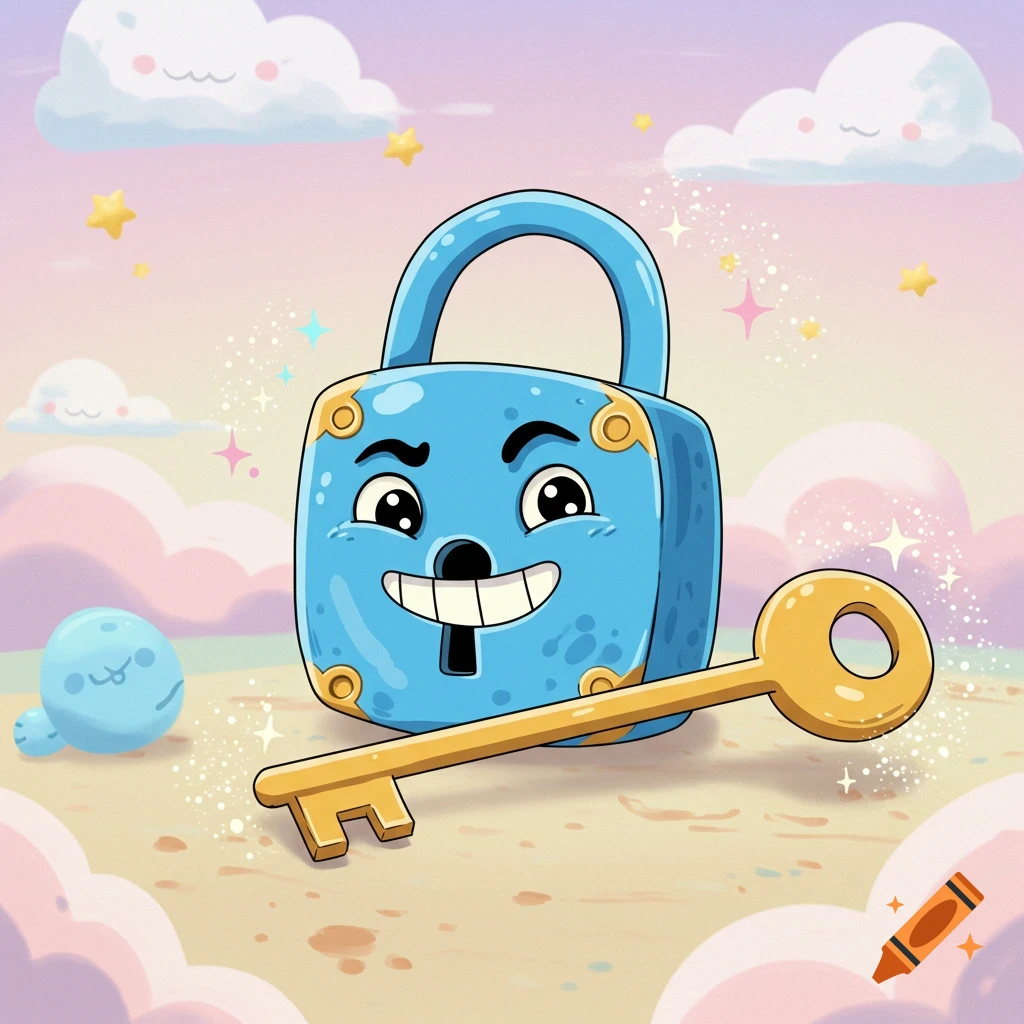 A whimsical cartoon illustration of a smiling blue padlock and a golden key on a pastel background with clouds and stars.