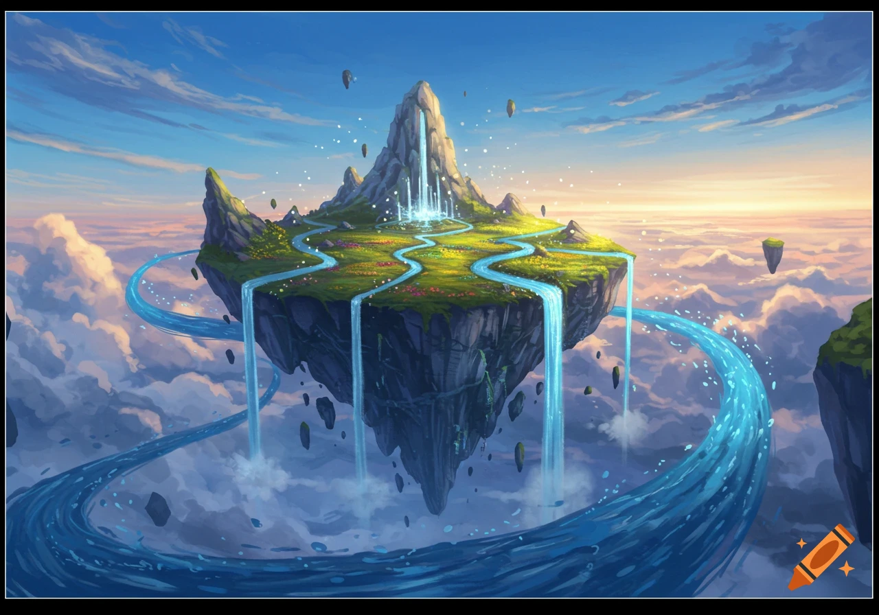 A vibrant fantasy illustration of a large floating island with rivers, waterfalls, and a glowing peak, set against a colorful sky.