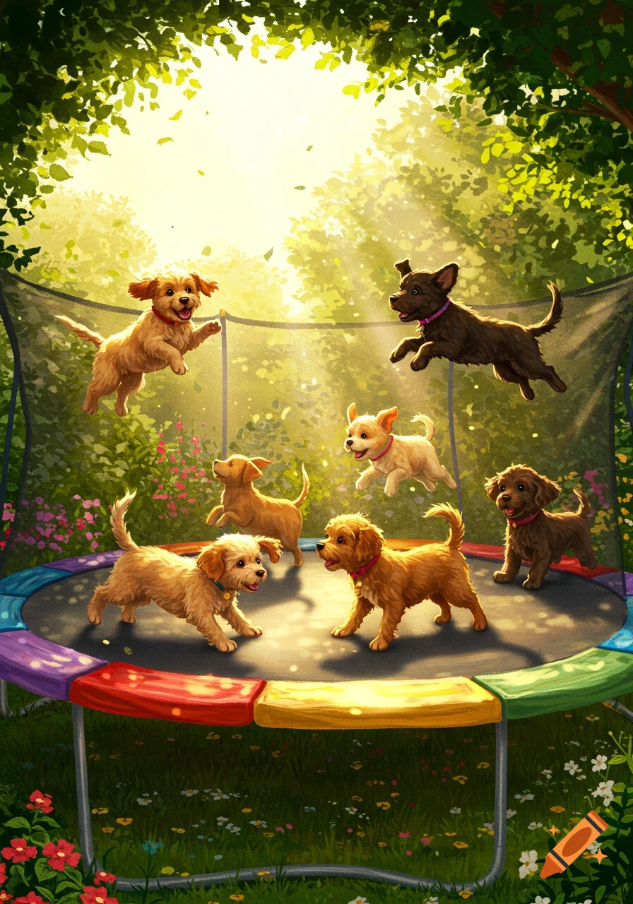Multiple cute puppies happily jump and play on a colorful trampoline outdoors under sunny trees, in a vibrant illustration style.