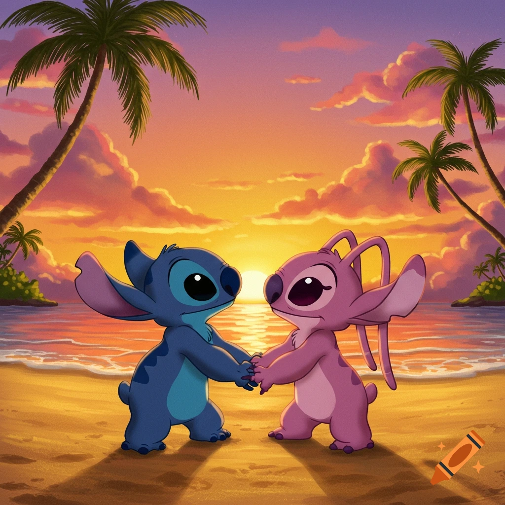 Stitch and Angel hold hands on a vibrant beach at sunset with palm trees.