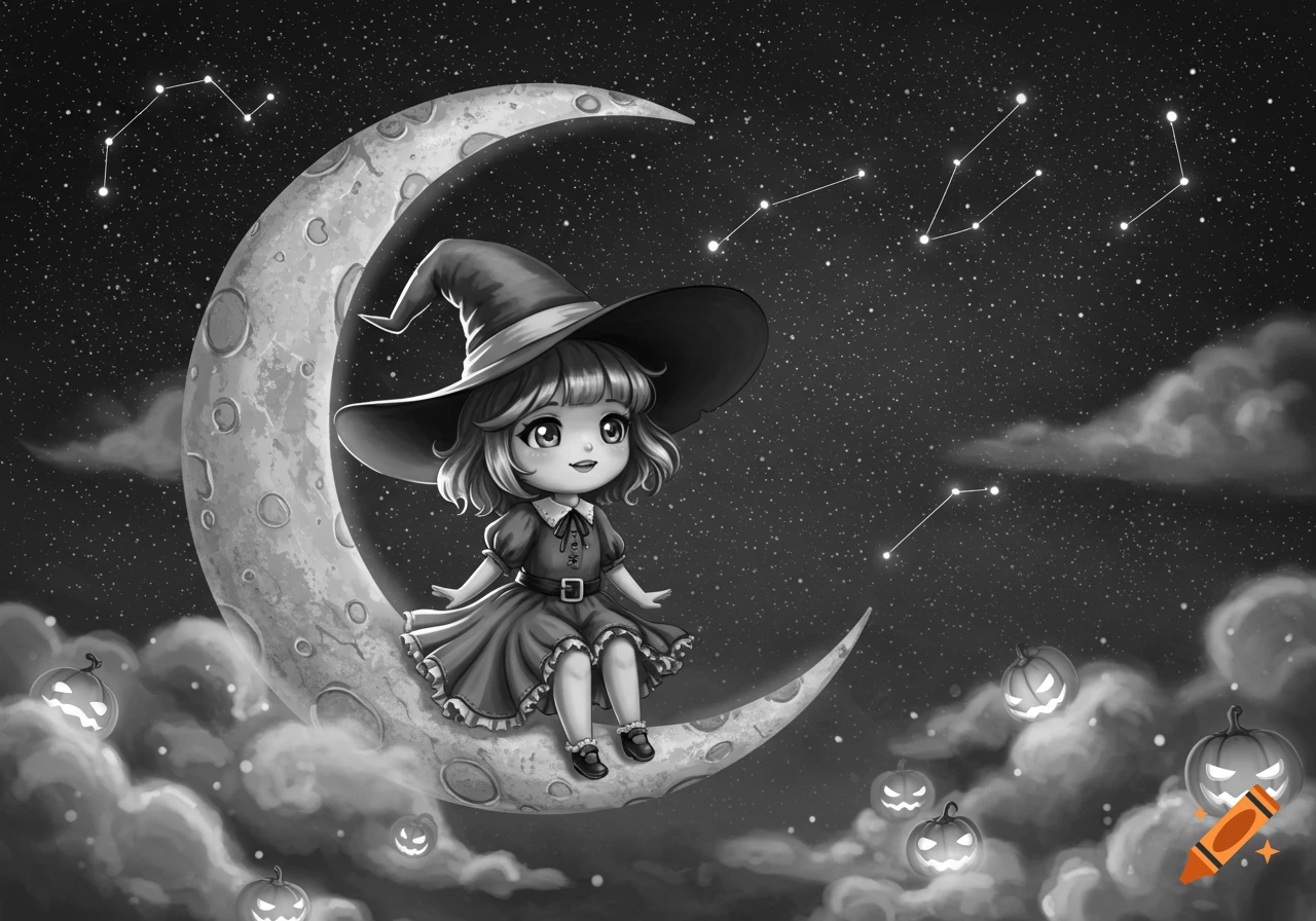 A cute chibi witch sits on a crescent moon amidst stars, clouds, and glowing jack-o'-lanterns in a black and white illustration.