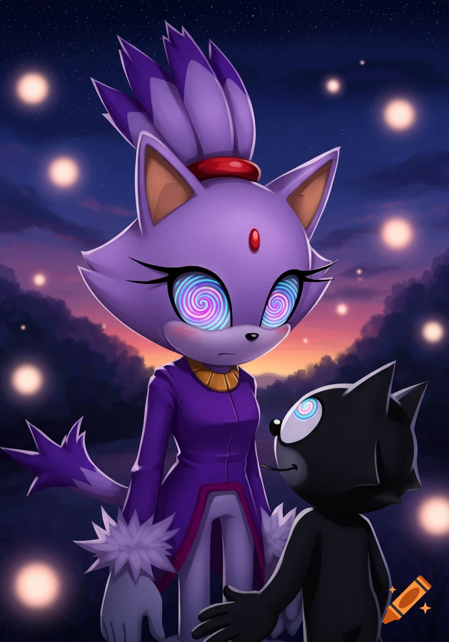 Blaze the Cat with spiral eyes looks down at Felix the Cat, also with spiral eyes, under a starry night sky.