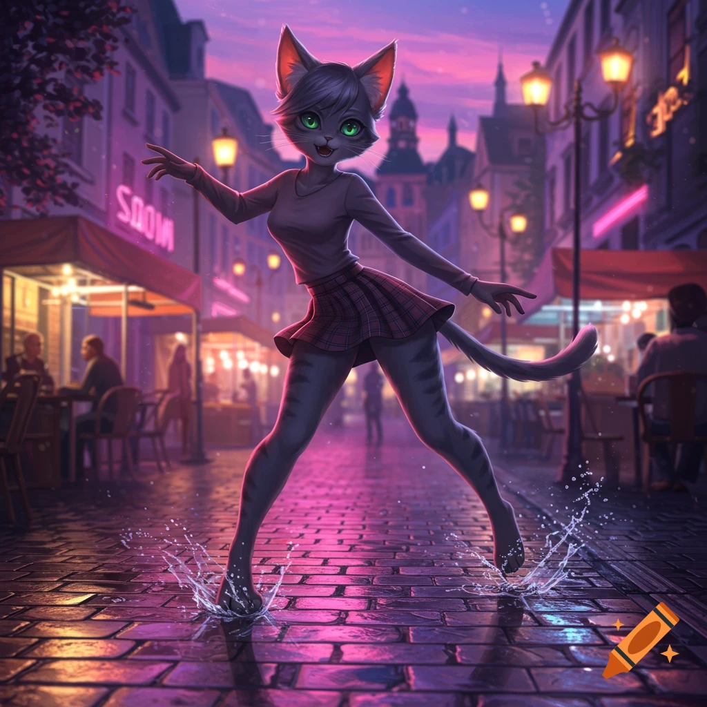 A gray cat girl with green eyes and a plaid skirt dances on a neon-lit city street at night, splashing water.