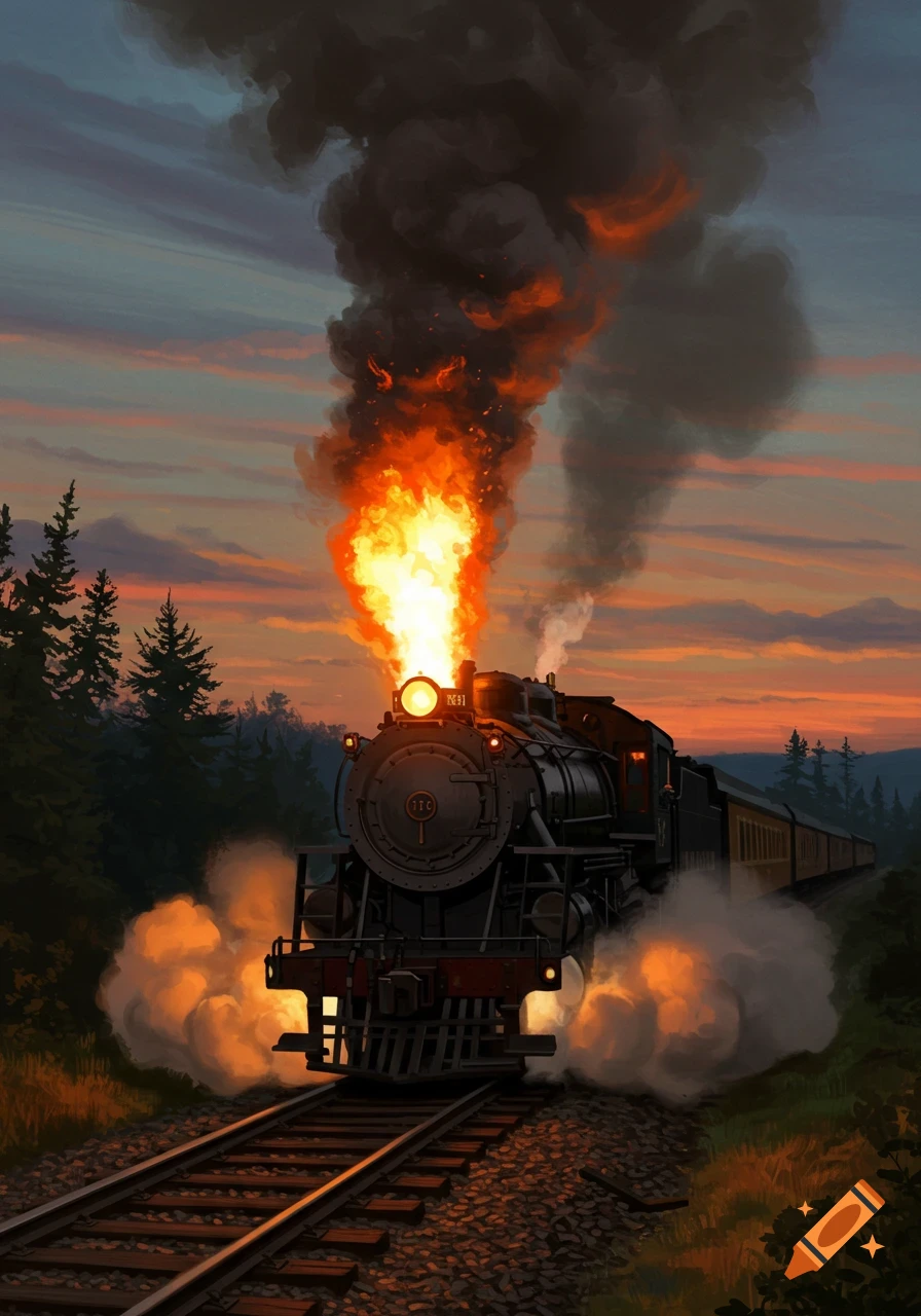A stylized painting of a steam engine with a large column of fire and smoke erupting from its smokestack at sunset, traveling through a forest.