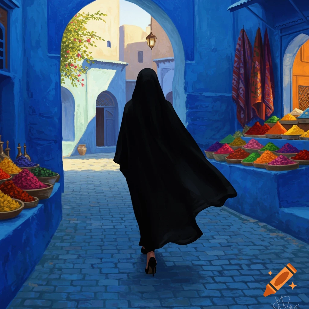 A person in a black chador and high heels walks through a vibrant blue market street lined with colorful spice stalls, in a stylized illustration.