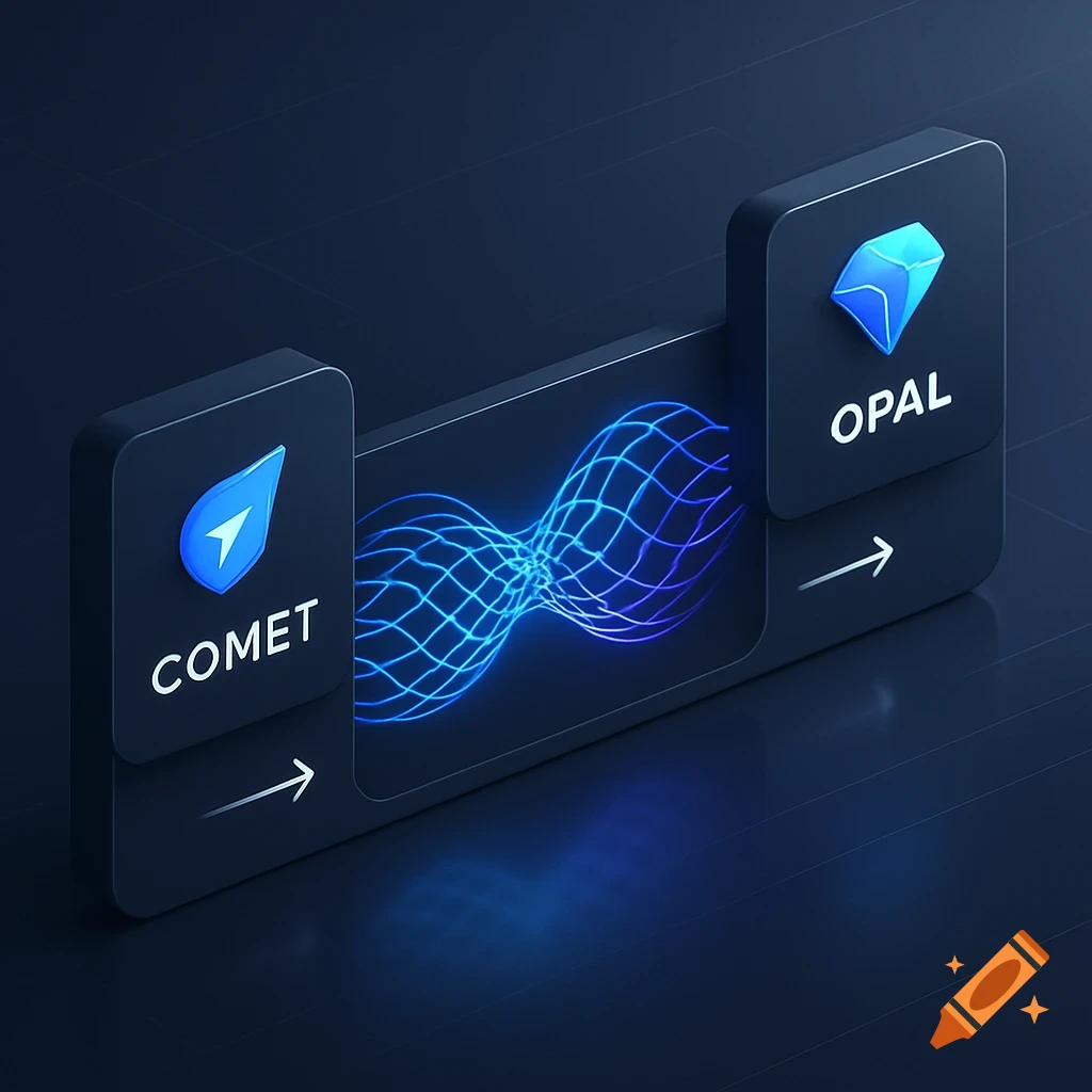 Modern digital illustration of AI systems 'Comet' and 'Opal' connected by glowing blue network lines in a futuristic interface.