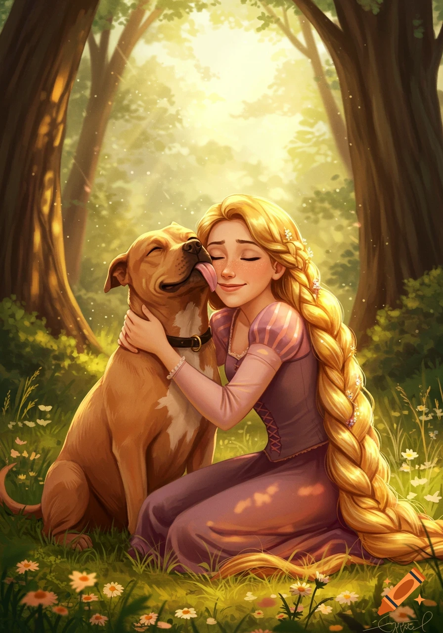 Cartoon Rapunzel, with braided blonde hair, hugs a brown Pitbull licking her face in a sunny, flower-filled forest.