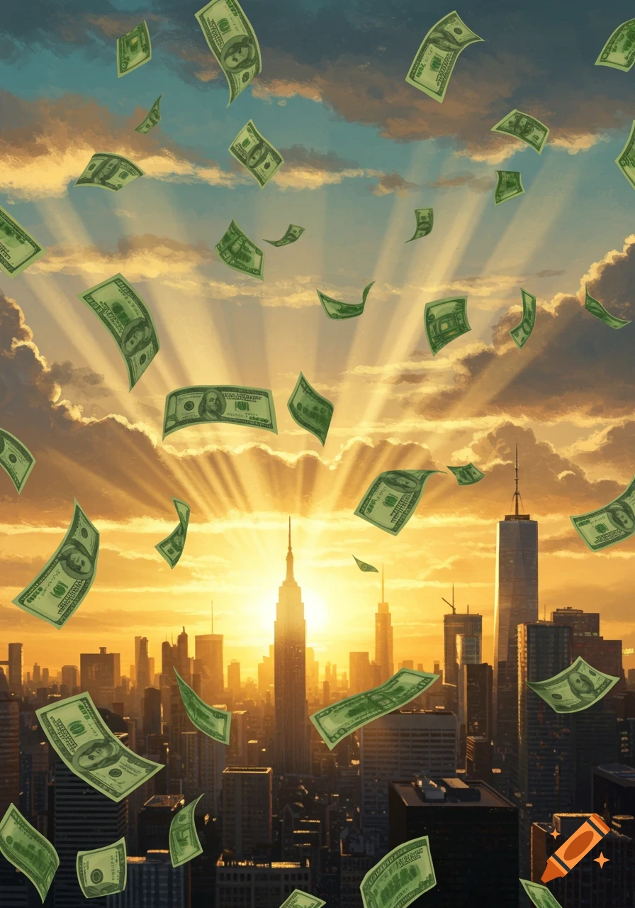 Dollar bills rain down over a city skyline at sunset with golden light.