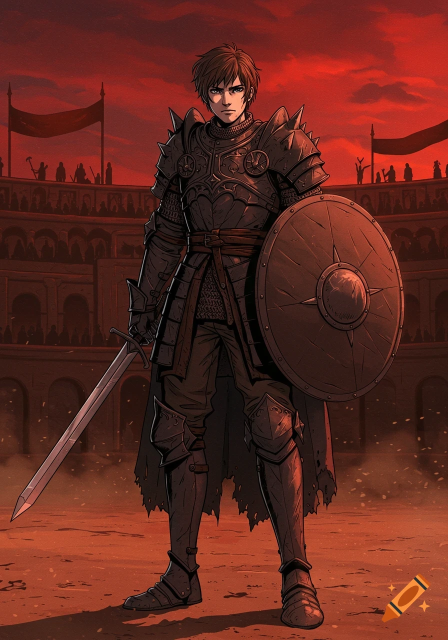 A young warrior in obsidian armor, holding a sword and shield, stands in a coliseum under a red sky in a 2D anime style.
