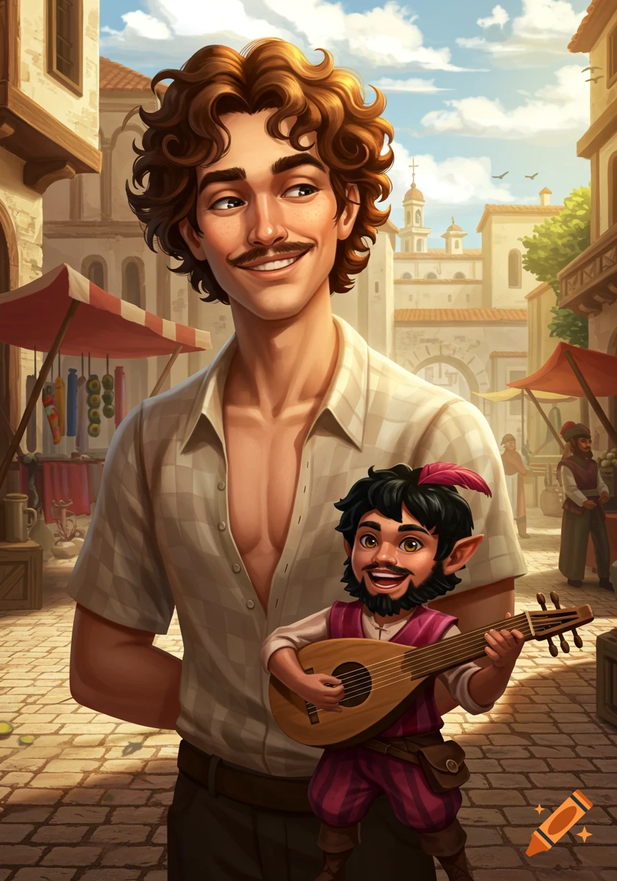 Smiling man with curly hair and mustache, stands with a small, cheerful bard playing a lute in a vibrant marketplace street. Stylized illustration.