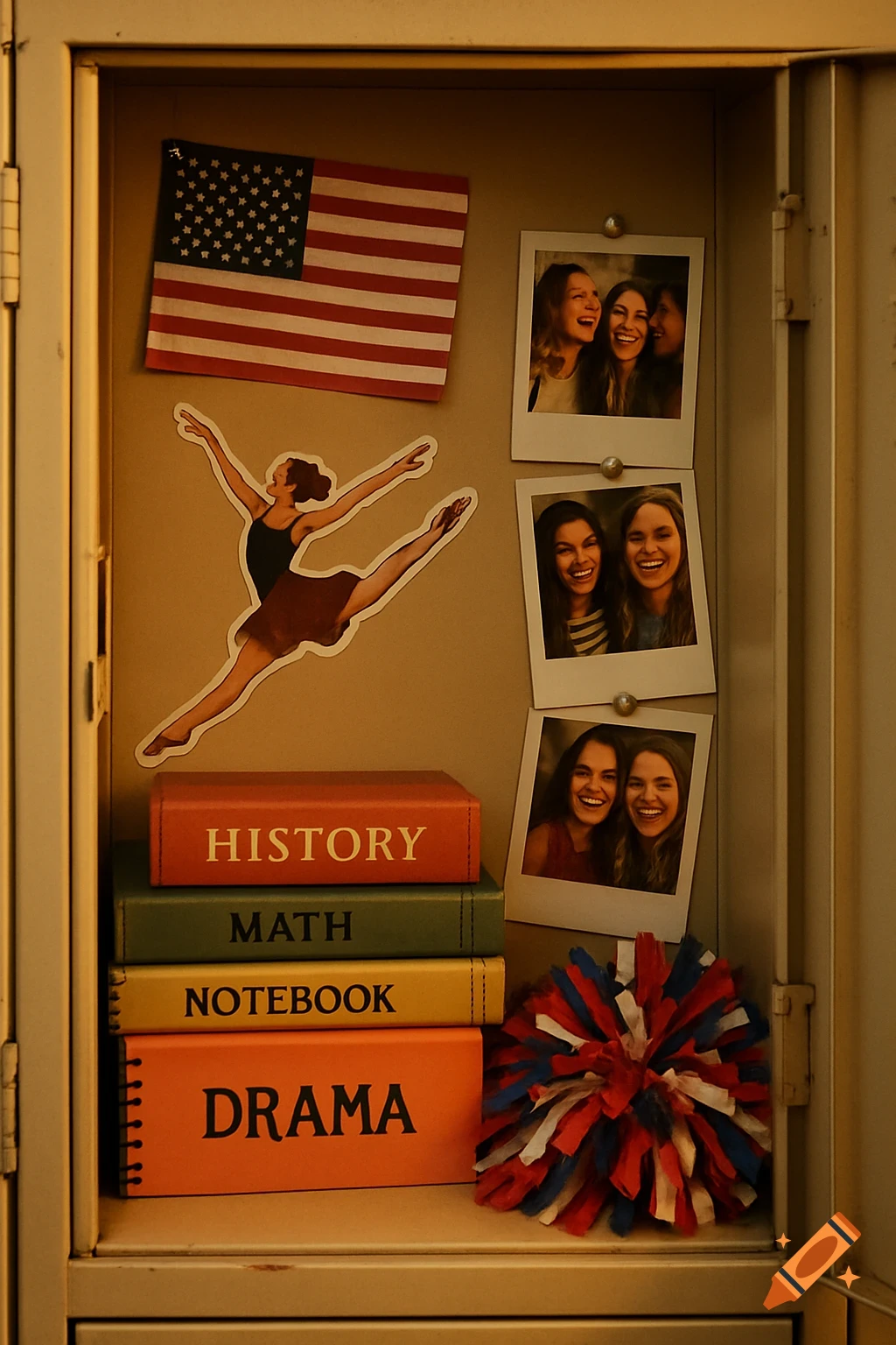 A decorated school locker with an American flag, a dancer sticker, stack of books, red and blue pompom, and photos of smiling friends.