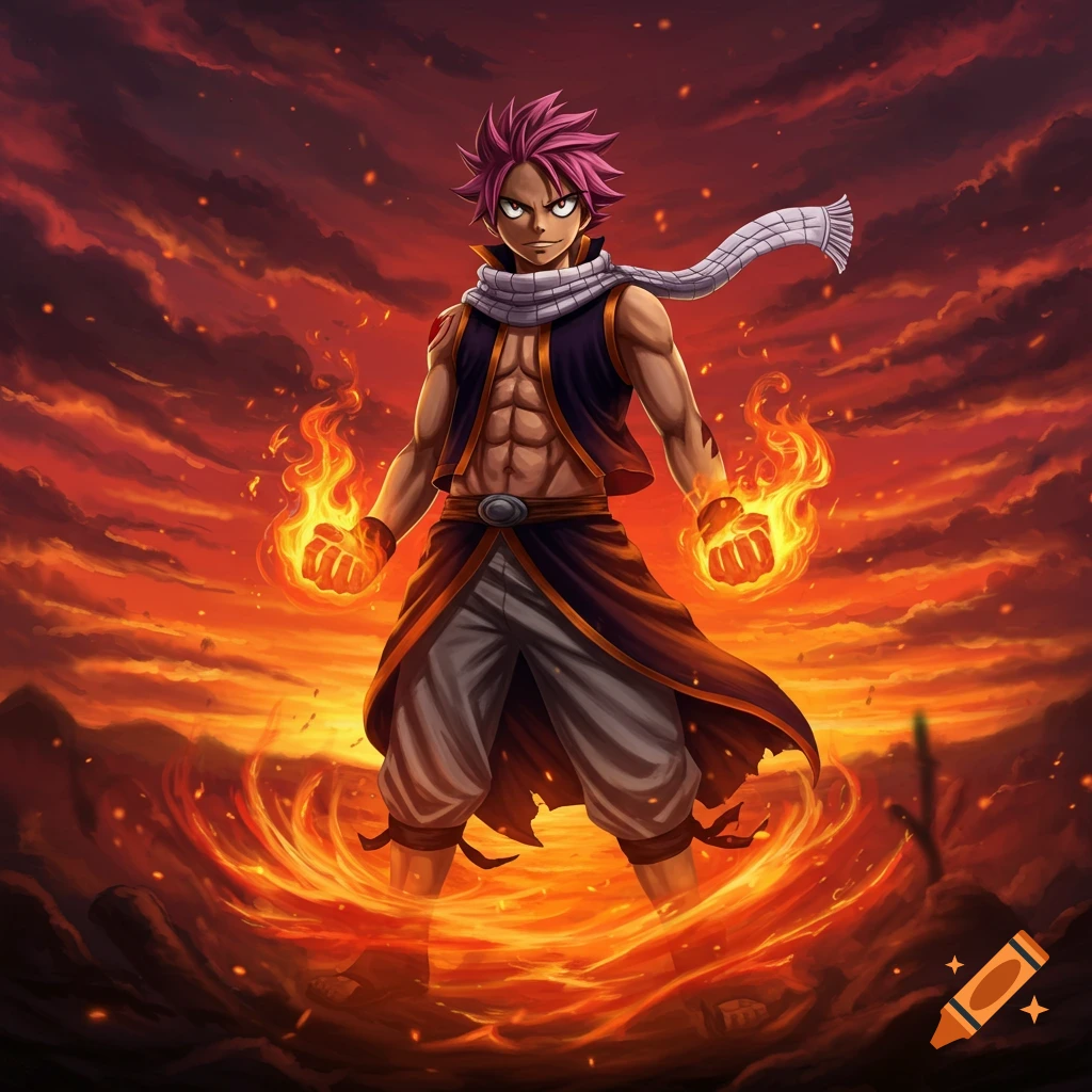 Anime illustration of Natsu Dragneel with pink hair, shirtless, generating fire from his fists against a fiery red sky.