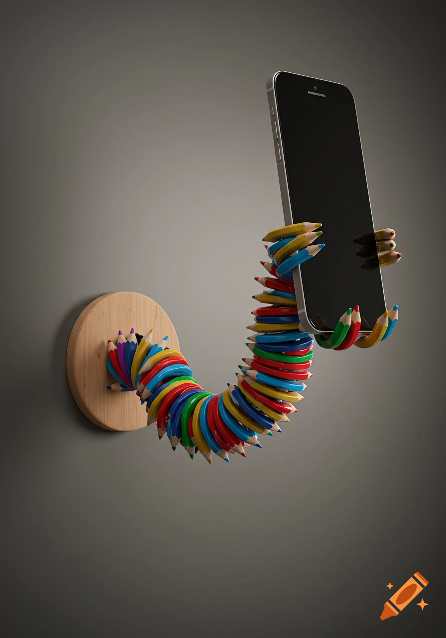 A flexible phone holder made of colorful pencils extends from a wooden disk on a grey wall, holding a smartphone.
