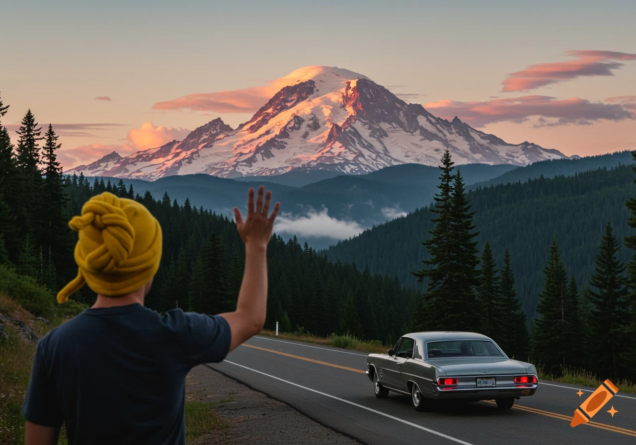 A person in a yellow knot hat waves goodbye to a car on a scenic mountain road at sunset, with a snow-capped peak in the background.