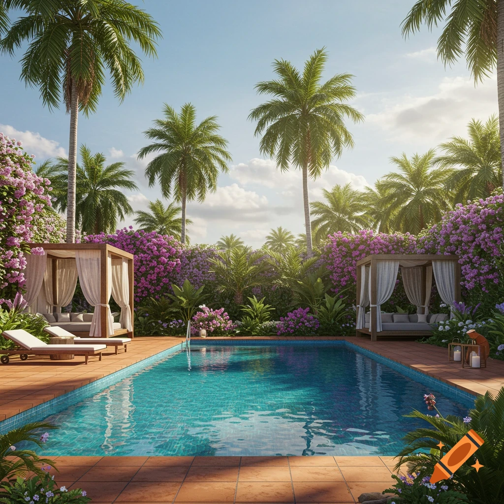 A photorealistic view of a luxurious tropical garden featuring a large swimming pool, cabanas, and lush palm trees on a sunny day.