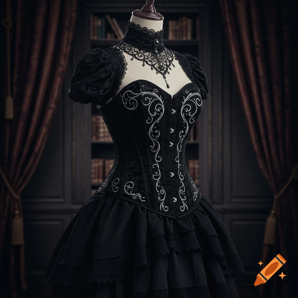 A black Gothic corset dress with intricate white embroidery and a high lace collar, displayed on a mannequin in a dark room with bookshelves and curtains.