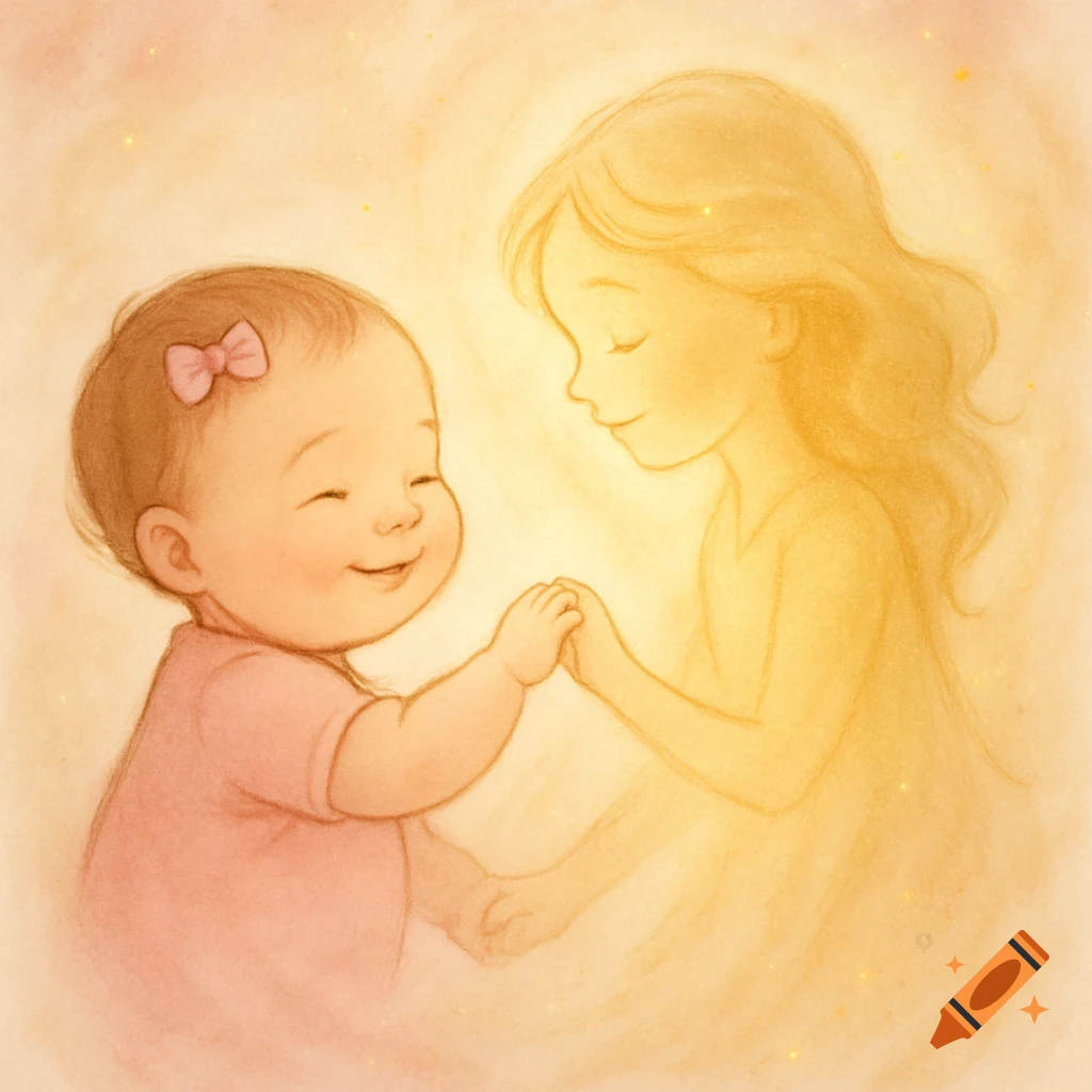 Soft illustration of a smiling baby girl holding hands with a glowing, translucent older girl against a warm, dreamlike background.