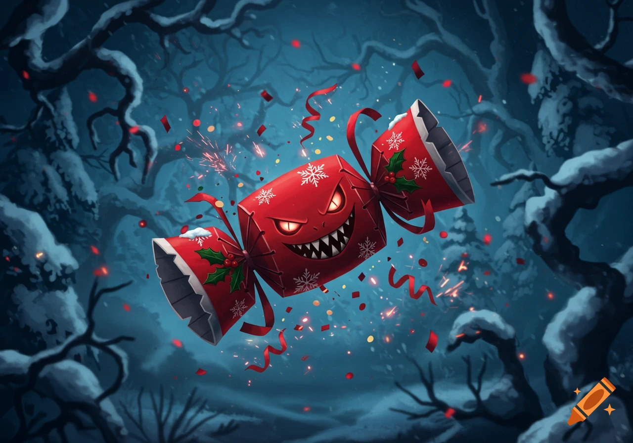 An evil red Christmas cracker with glowing eyes and sharp teeth floats in a dark, snowy forest with festive confetti and sparks.