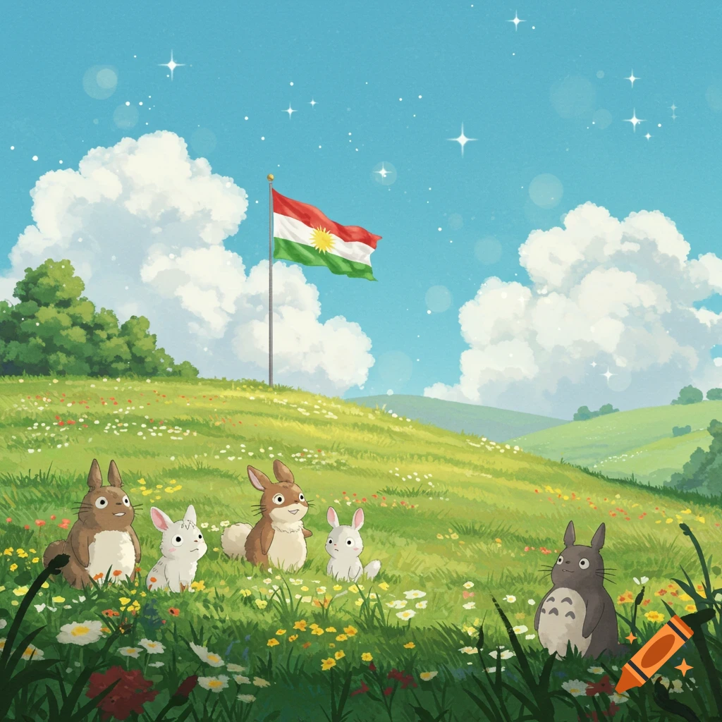 Ghibli style illustration of Totoros and bunnies on a grassy hill with wildflowers, under a blue sky and the Kurdistan flag.