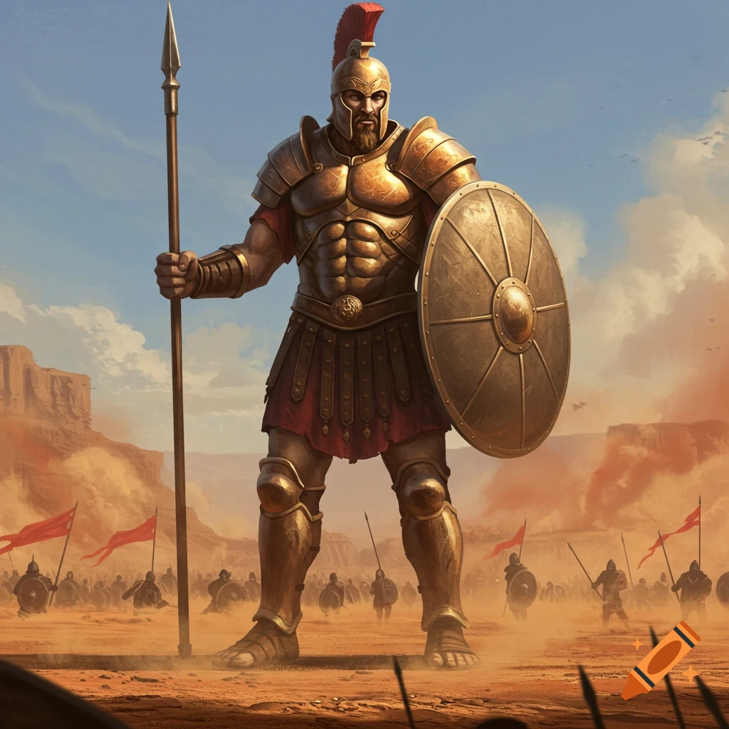A giant warrior in golden armor with a spear and shield stands on a desert battlefield with an army in the background under a cloudy sky.