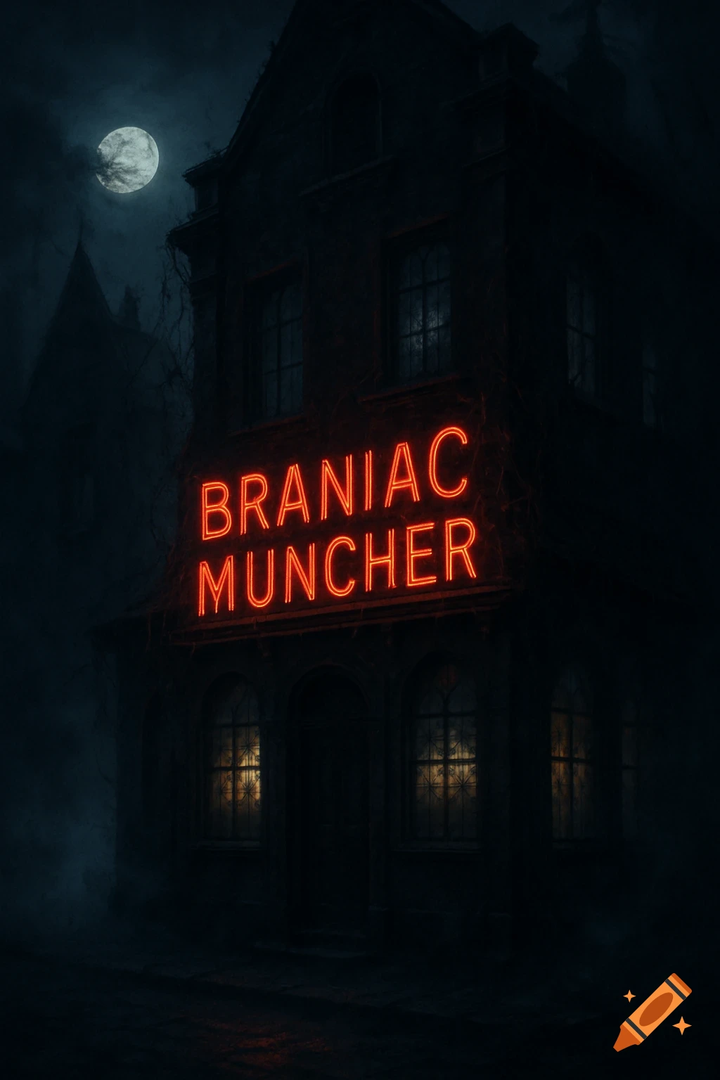 A spooky, gothic-style restaurant building with a bright red neon sign reading "BRANIAC MUNCHER" under a full moon at night.