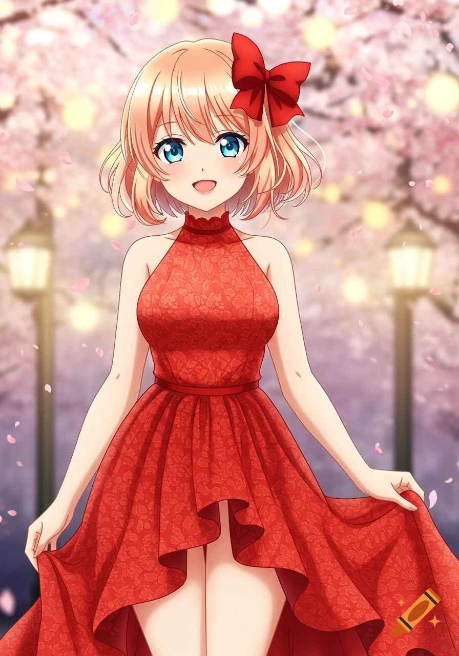 An anime girl with short peach hair, blue eyes, and a red bow, wearing a red lace formal dress, stands under cherry blossoms.