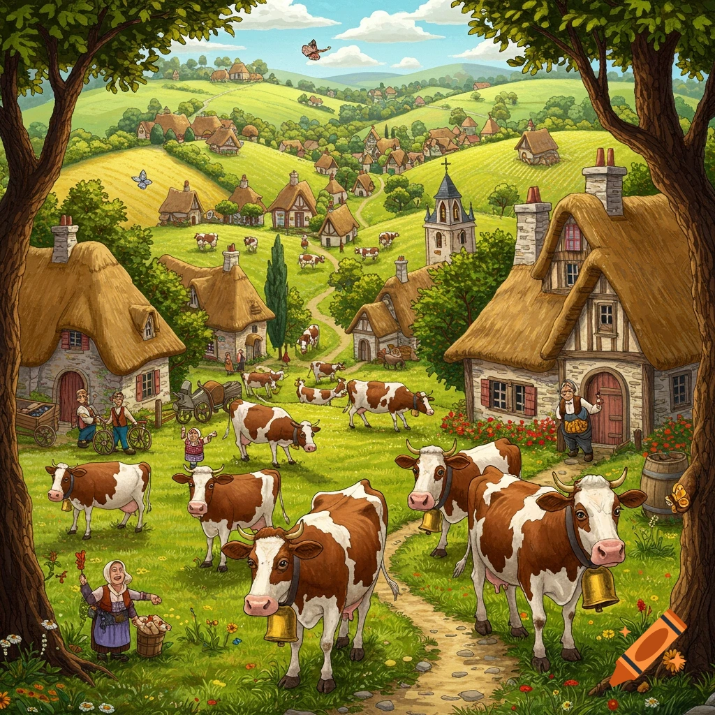 Cartoon illustration of a whimsical village with thatched houses, green hills, and many brown and white cows, framed by trees.