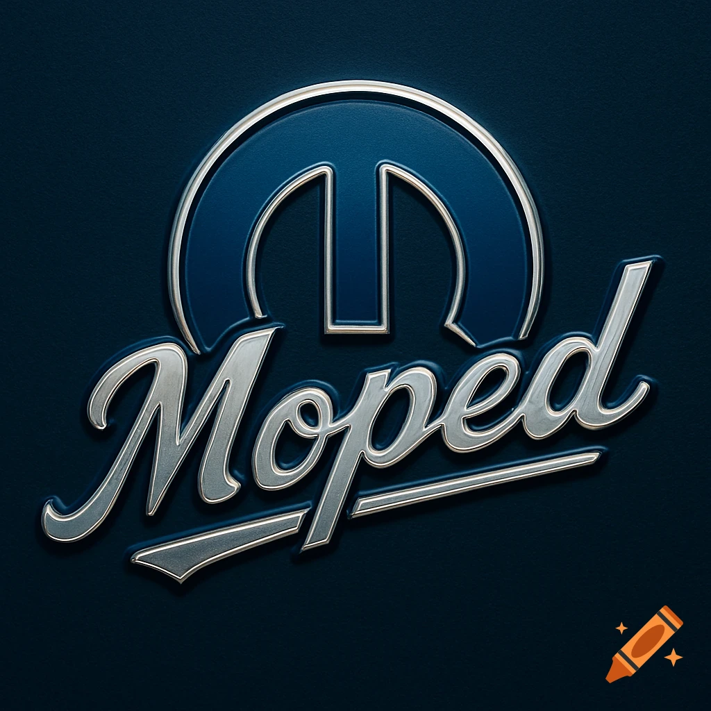 A metallic silver and blue logo with 'Moped' in cursive script below a stylized emblem, on a dark blue textured background.