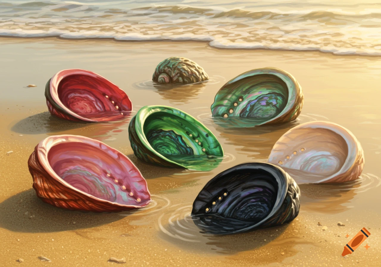 Colorful abalone shells in red, green, pink, black, and white on a sandy beach with ocean waves at sunset, illustrated.