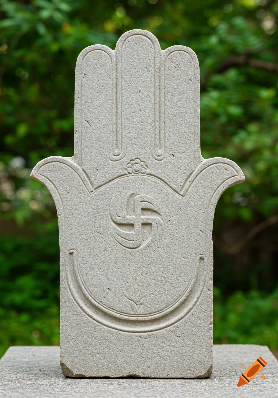 A light grey stone carving of a Jainism Ahimsa hand symbol featuring a swastika, against a blurred green leafy background.