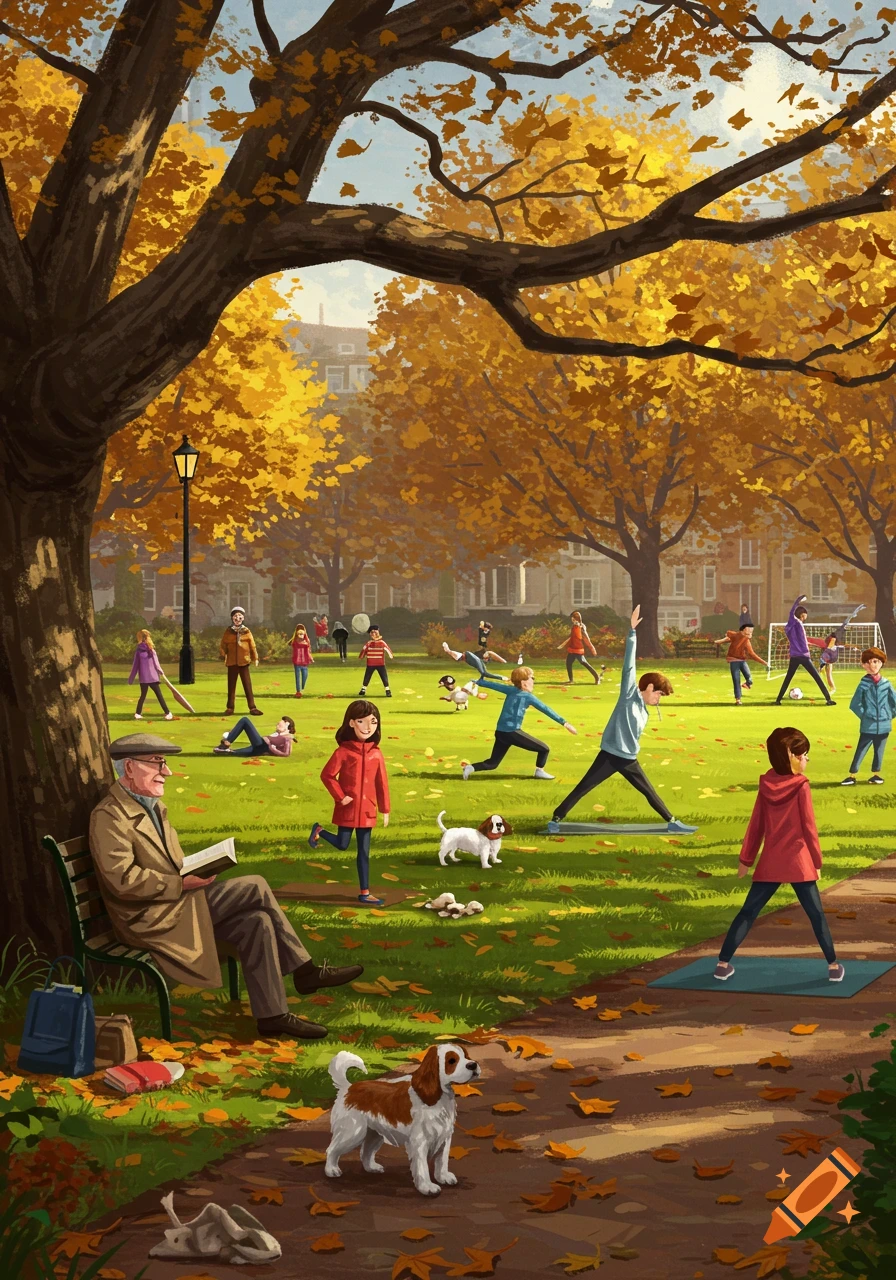 Illustration of people enjoying various activities in a colorful autumn park with golden trees and fallen leaves.