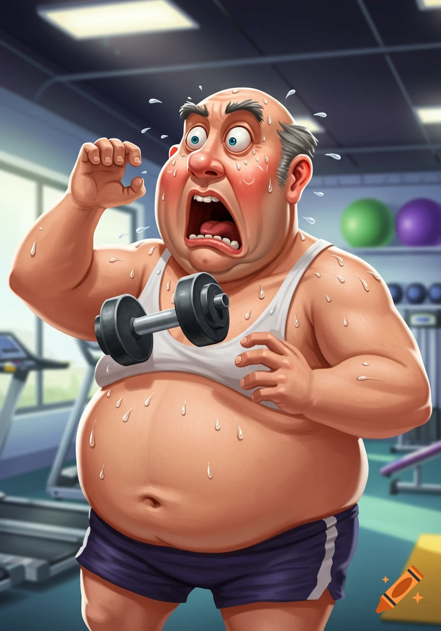 An exaggerated cartoon of a terrified, sweaty, overweight man struggling to lift a dumbbell in a gym.