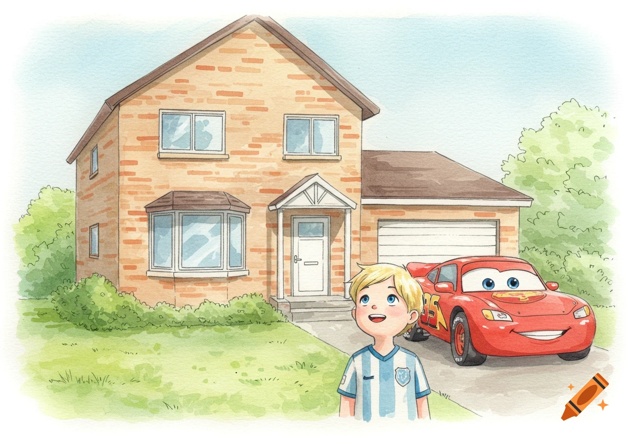 A happy blonde boy in a blue and white soccer jersey stands in front of a brick house with a red car resembling Lightning McQueen in the driveway, in a soft watercolor style.