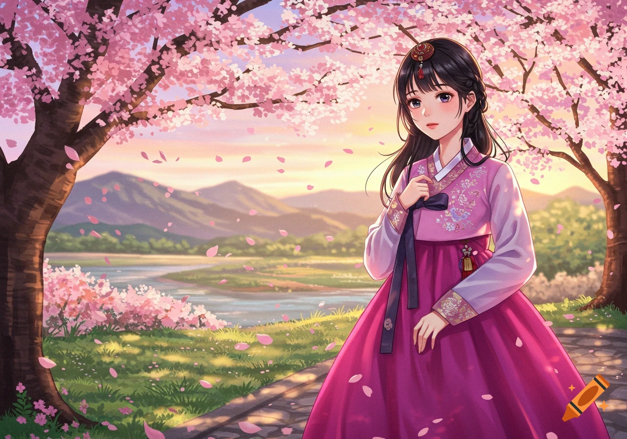 Anime girl in a pink hanbok stands under cherry blossom trees with a river and mountains in the background during sunset.