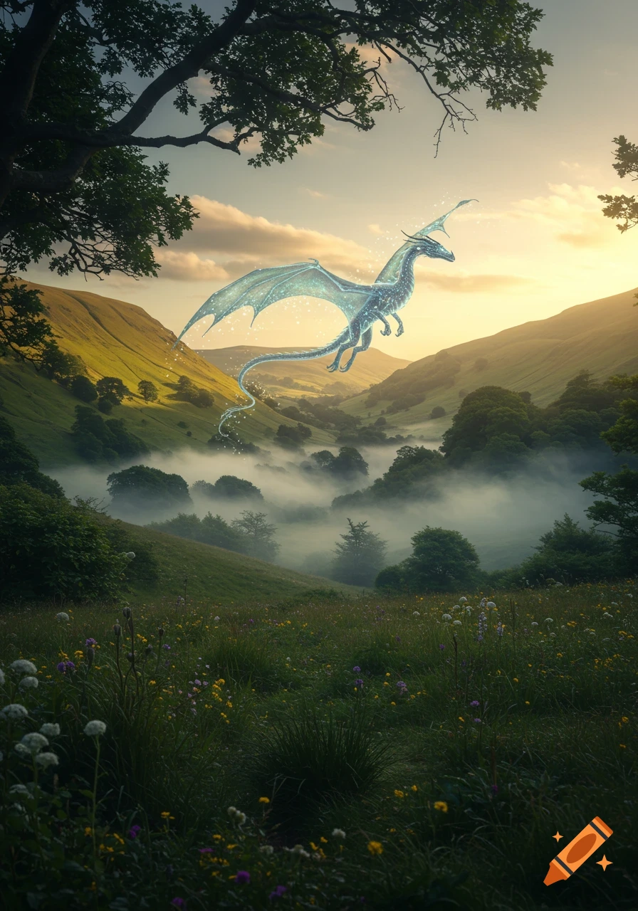 An ethereal, sparkling dragon flies over a misty green Welsh valley bathed in golden sunrise light.