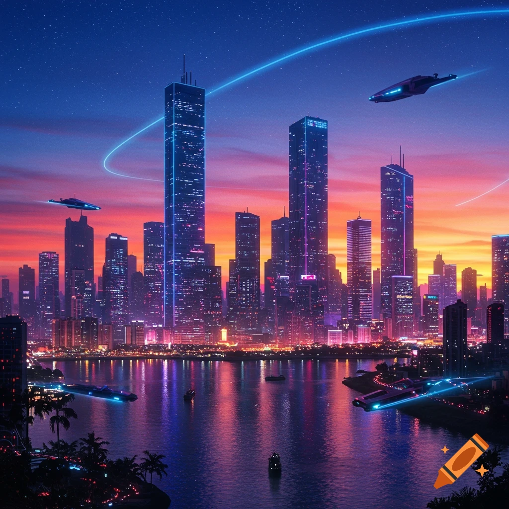 Futuristic city skyline at sunset with neon lights, tall skyscrapers, flying vehicles, and reflections in a river.