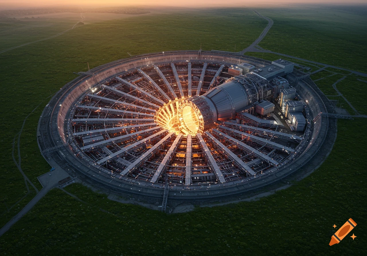 Aerial view of a massive, circular, futuristic scientific complex with a glowing central core, surrounded by green fields at sunset.