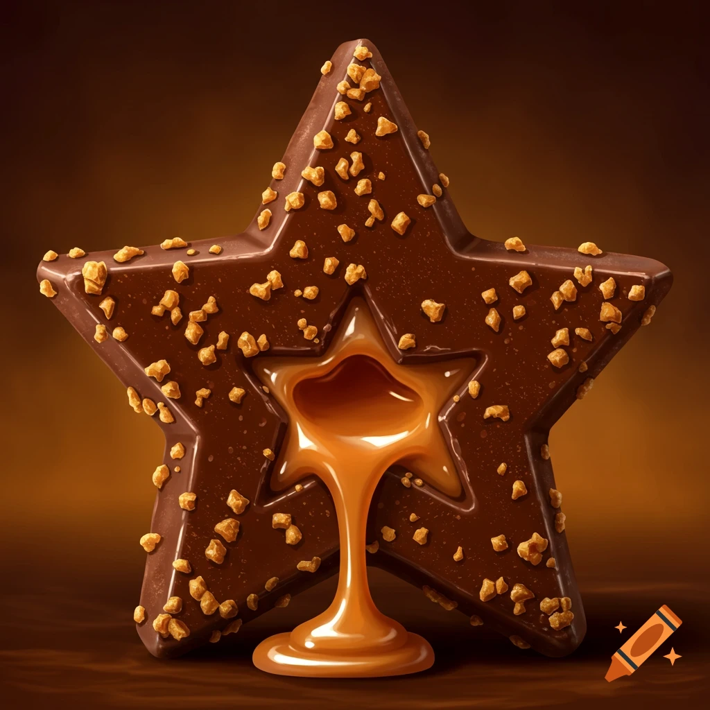 Photorealistic star-shaped chocolate bar with a flowing caramel center and crispy nut coating.