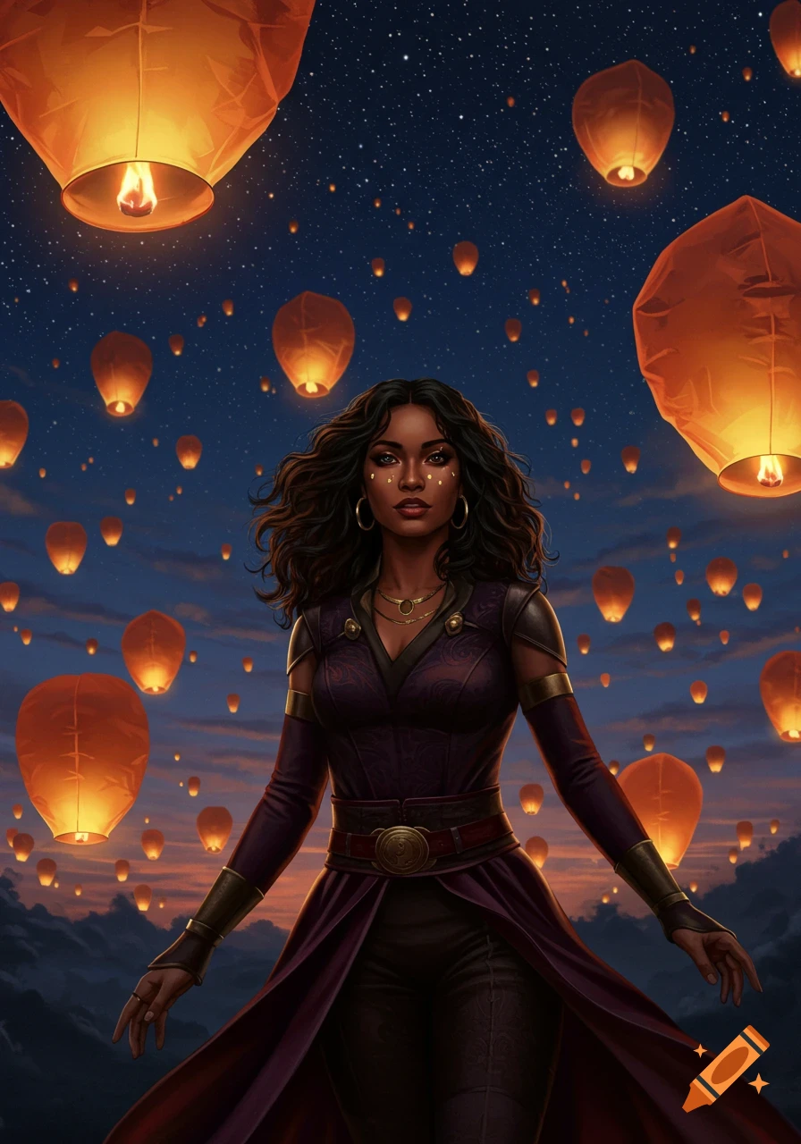 A dark-skinned woman in a purple fantasy outfit stands under a night sky filled with glowing orange lanterns.