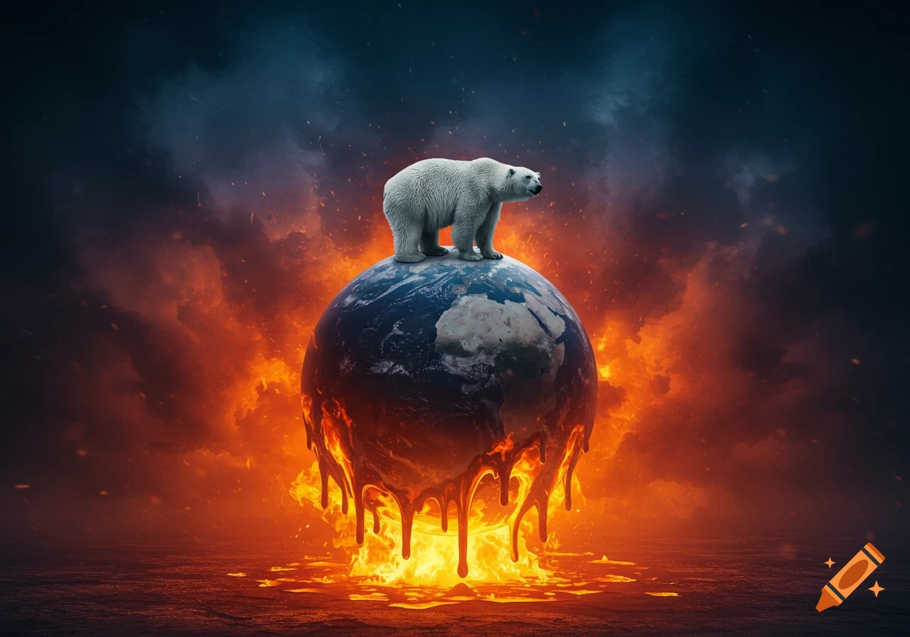 A polar bear stands on a melting Earth engulfed in flames and dark smoke, symbolizing climate change in a dramatic, photorealistic style.