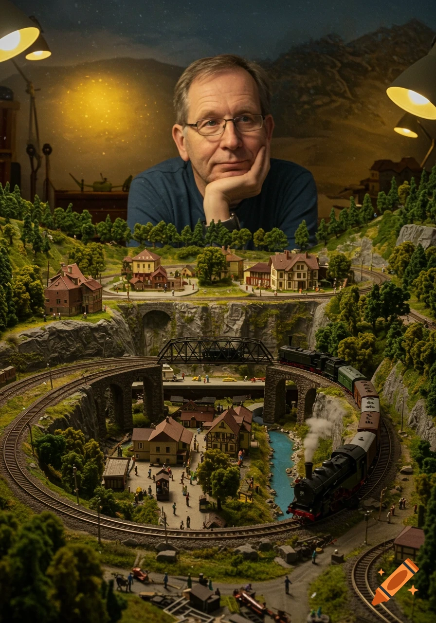 A man gazes at an elaborate, realistic model train set with miniature houses, trees, bridges, and a running train.