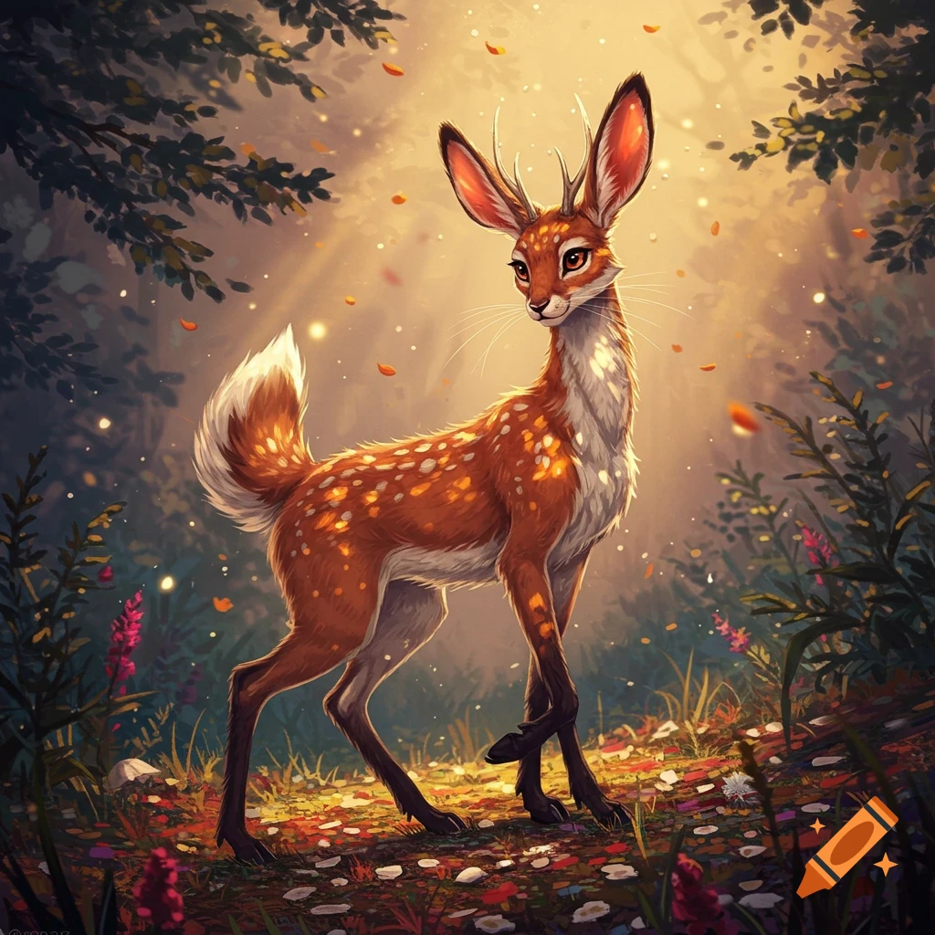 A fantasy deer-like creature with rabbit ears and a fluffy tail stands in a sunlit, leafy forest.