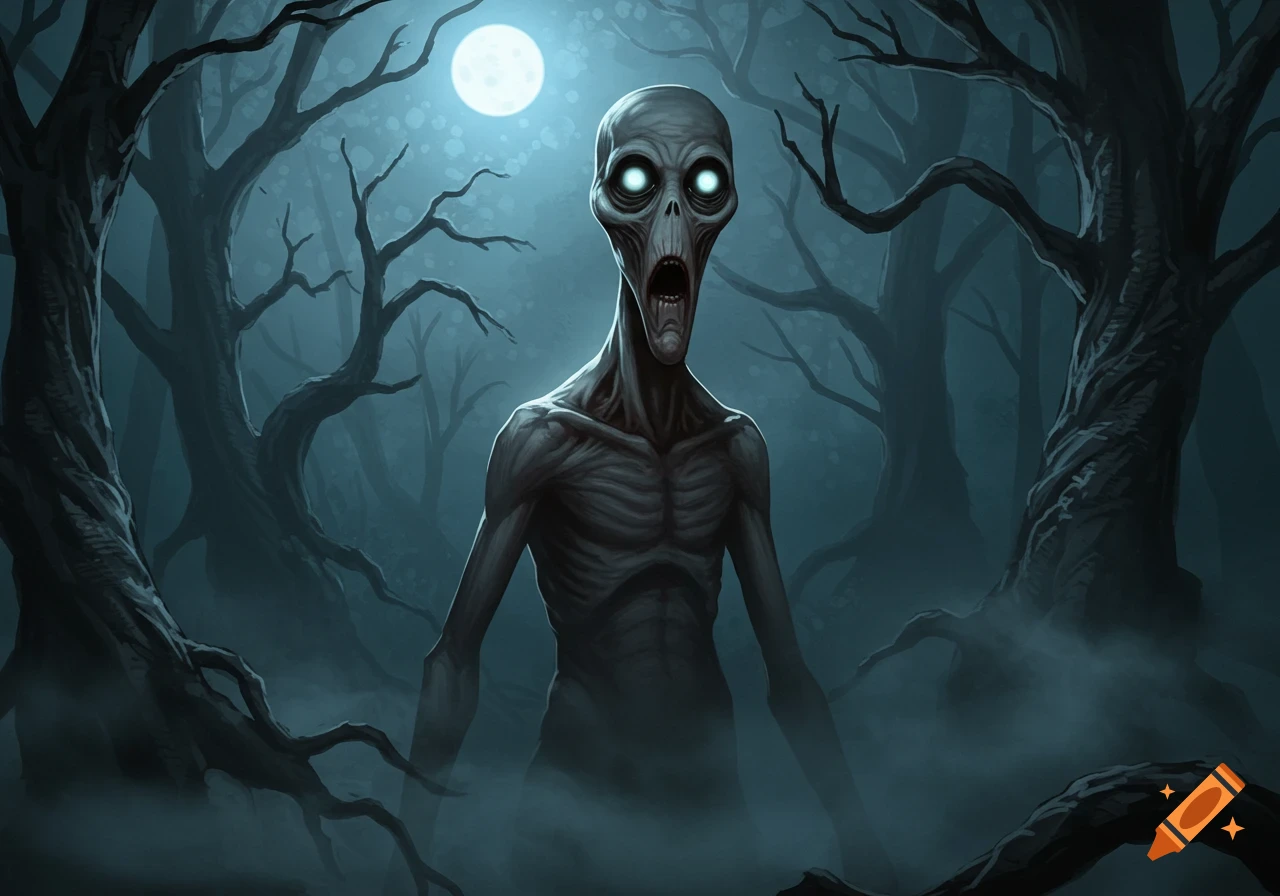 A gaunt, pale cryptid creature with glowing white eyes and a gaping mouth stands in a misty, dark forest under a full moon.