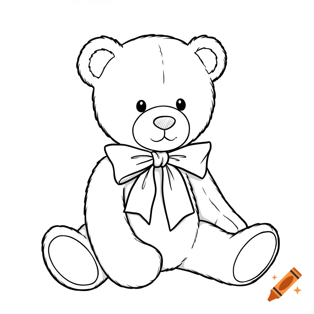A black and white outline drawing of a sitting teddy bear with a bow around its neck.