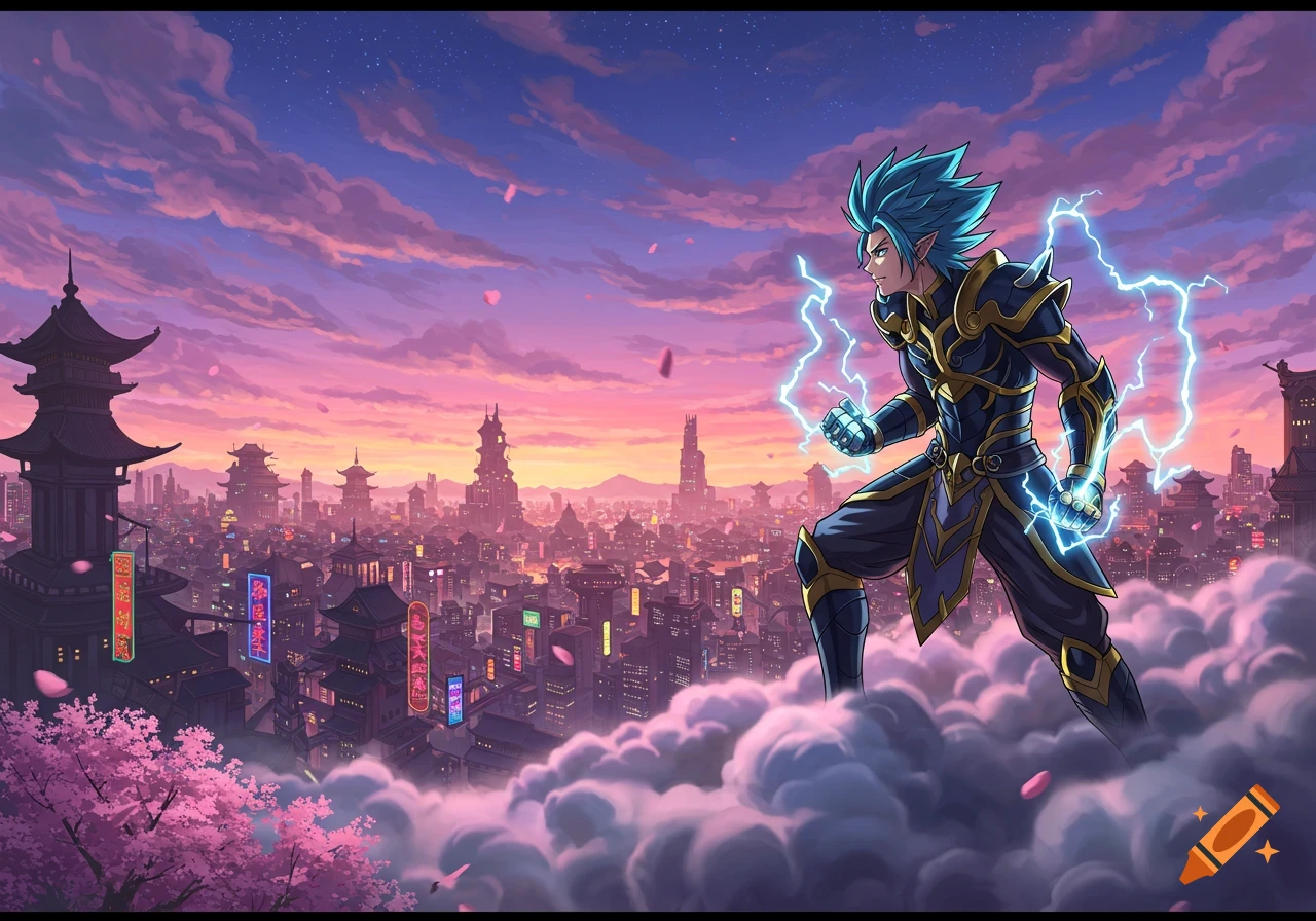 An anime character with blue spiky hair and lightning stands on clouds above a neon-lit city with pagodas and cherry blossoms at sunset.
