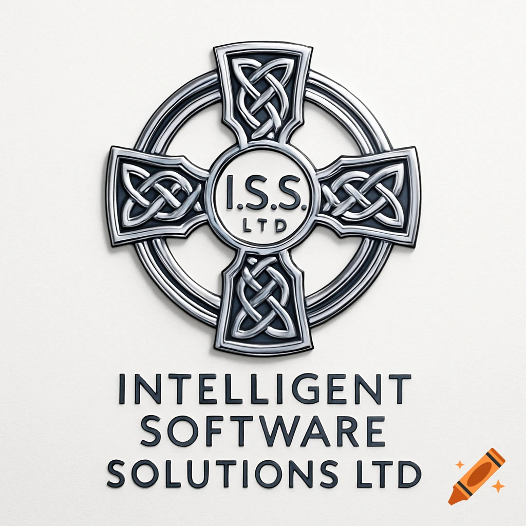 A silver metallic Celtic cross logo with the text 'I.S.S. LTD' in the center and 'INTELLIGENT SOFTWARE SOLUTIONS LTD' below, on a white background.