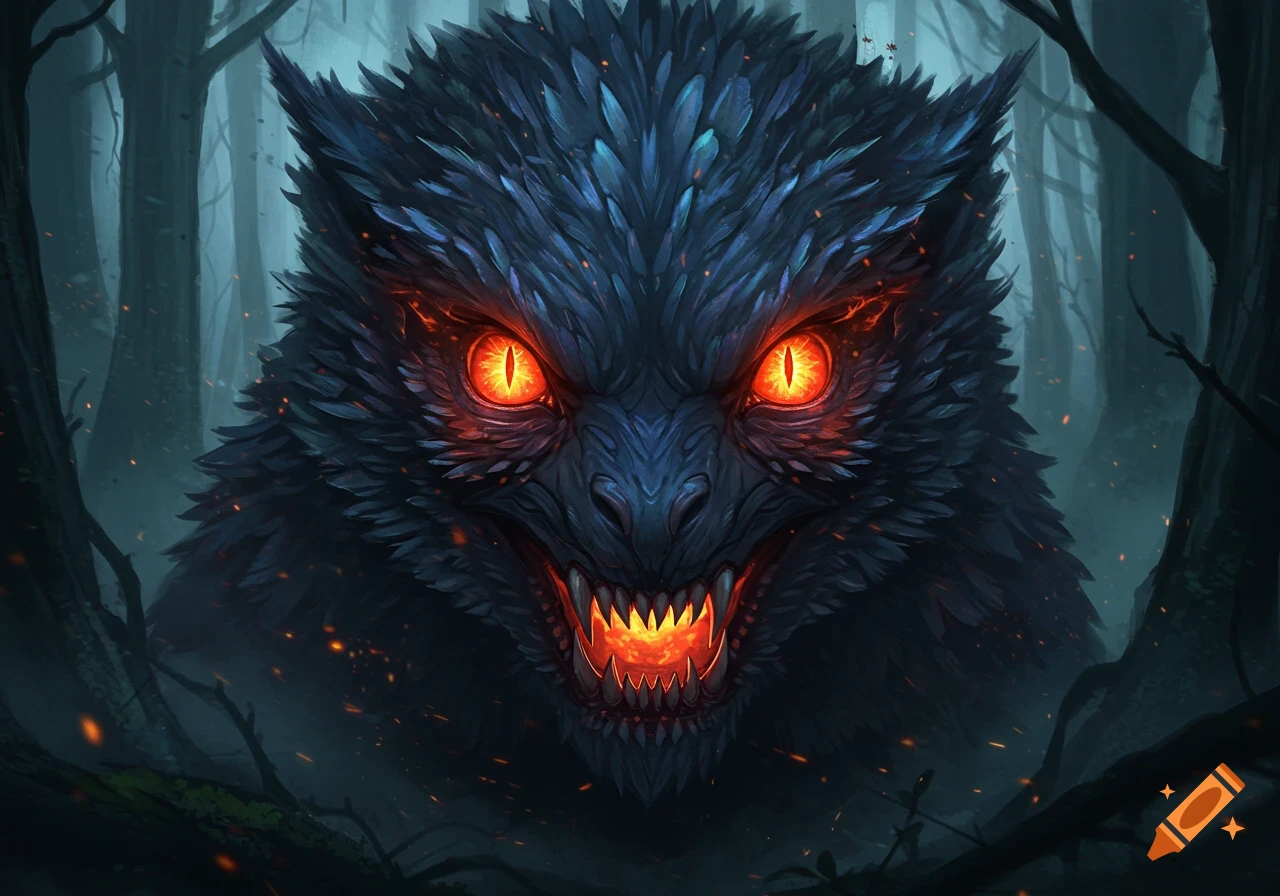 A monstrous, dark wolf-like creature with glowing red eyes and fiery teeth emerges from a shadowy forest, digital art.