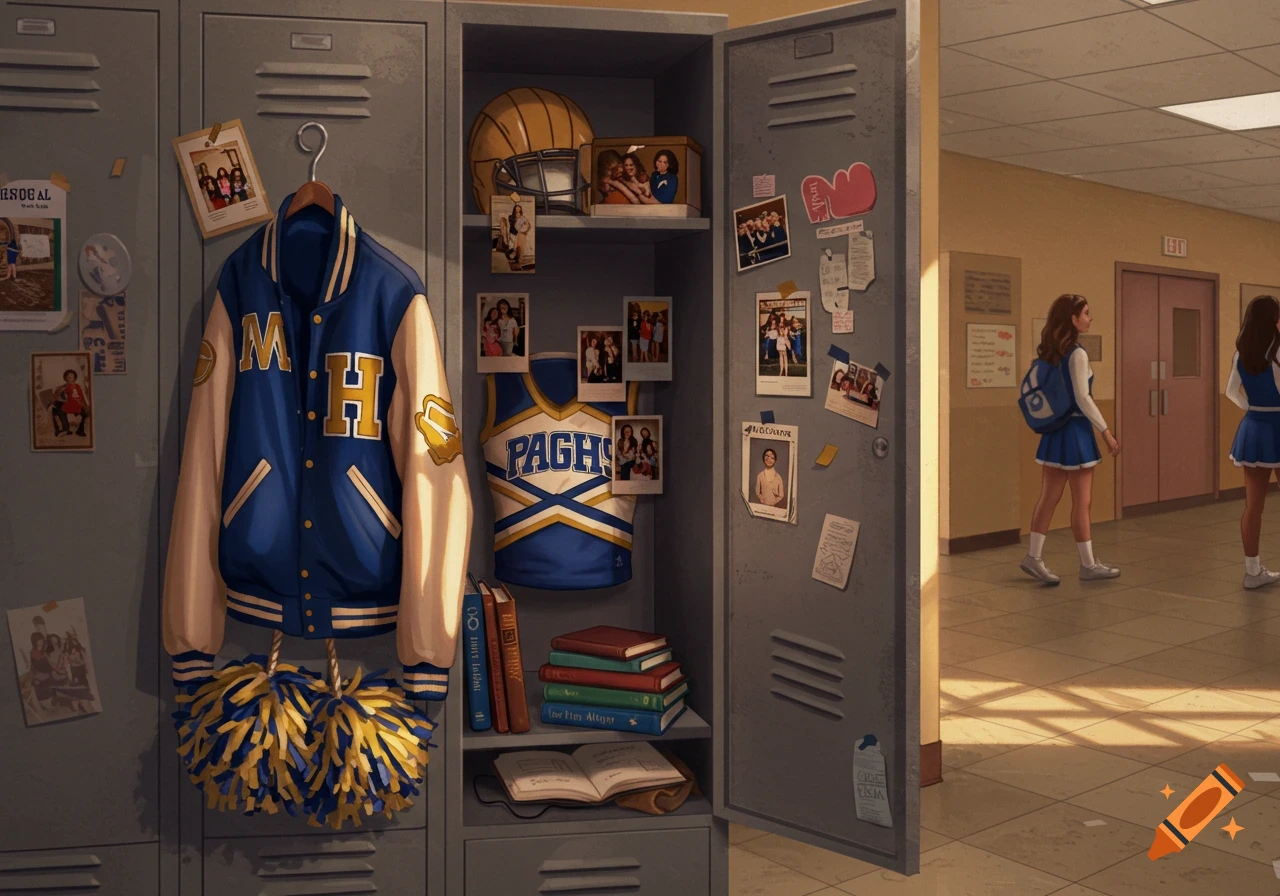 An illustrated locker room scene with an open locker displaying a letterman jacket, cheerleading uniform, football helmet, books, and photos. Two girls walk in the hallway in the background.